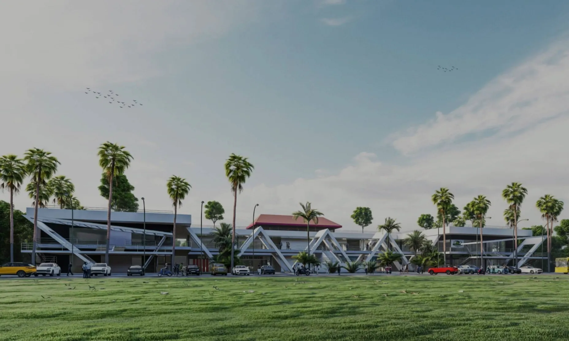 Modern two-storey commercial building with palm-lined lawn, designed and built by A.M Architects+ in Bohol